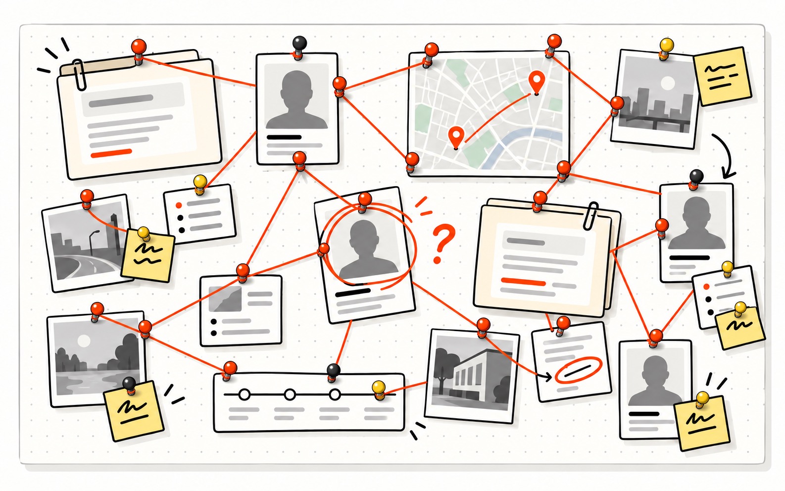 A big board covered in pinned cards, photos, a map and files, linked by string from pin to pin