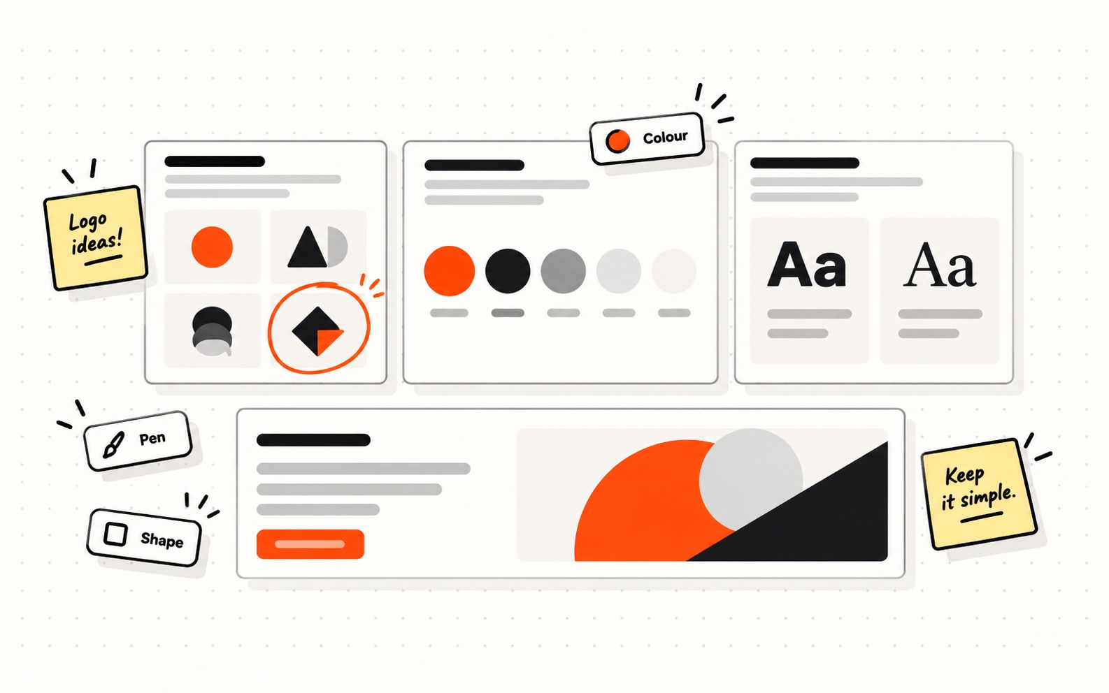 Logo ideas, a colour palette, type samples and a banner laid out side by side on the board