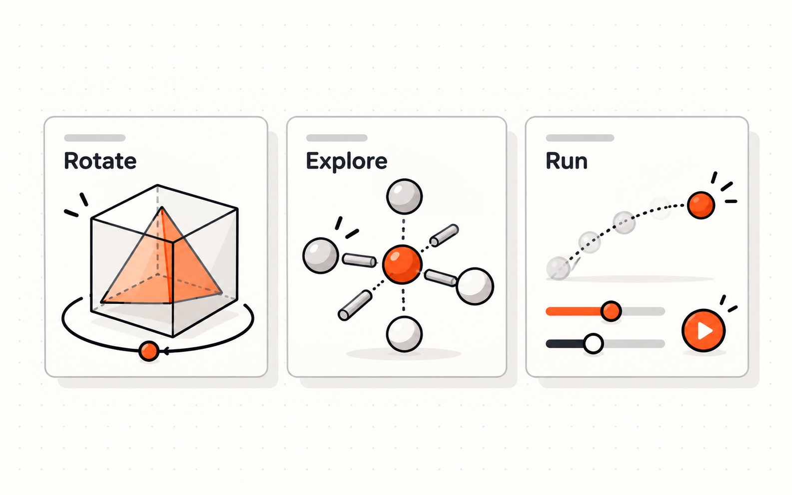 Three tiles to explore: a solid to turn around, a structure to take apart and a motion to run with sliders