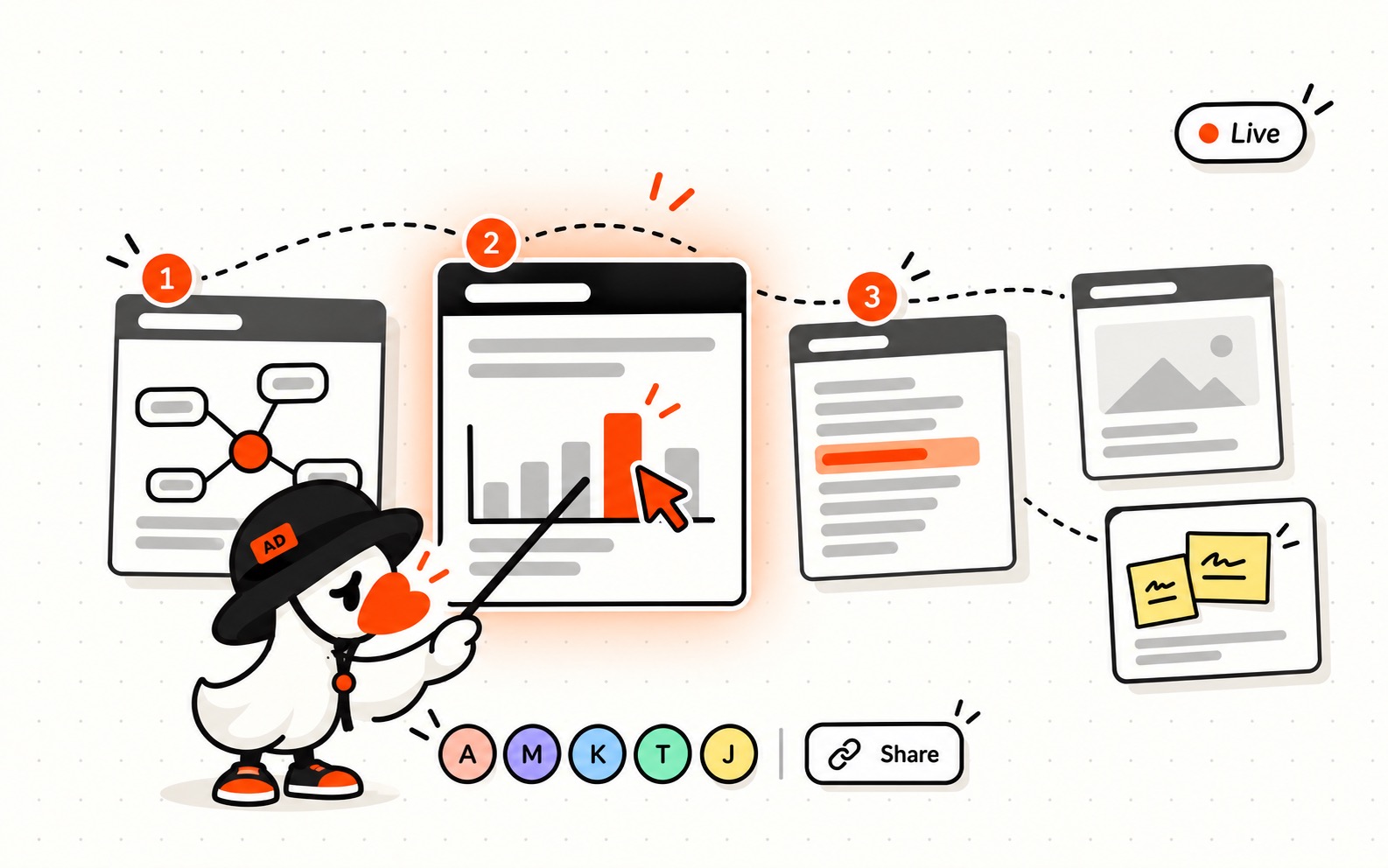 The ArtiDock duck presenting a board live, pointing at one tile while viewers follow along