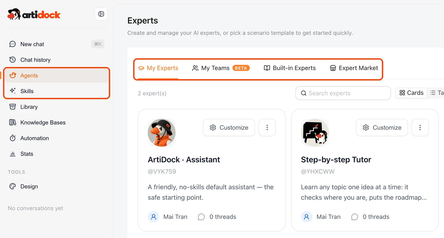 The left sidebar with Agents and Skills highlighted, next to the four tabs of the Agents page