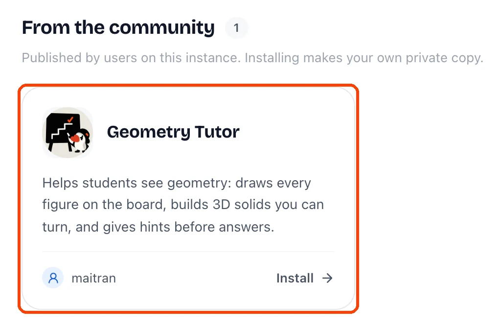 A published agent template under From the community, with its author's name and an Install button