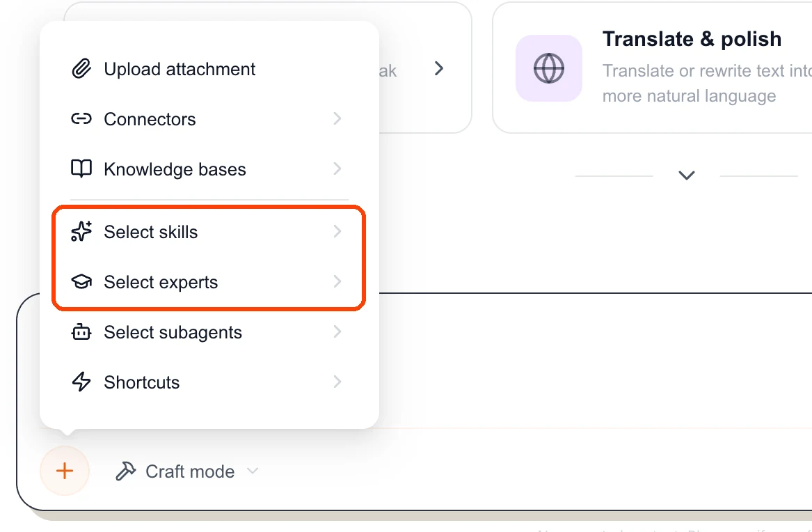 The + menu in the message box, with Select skills and Select experts highlighted