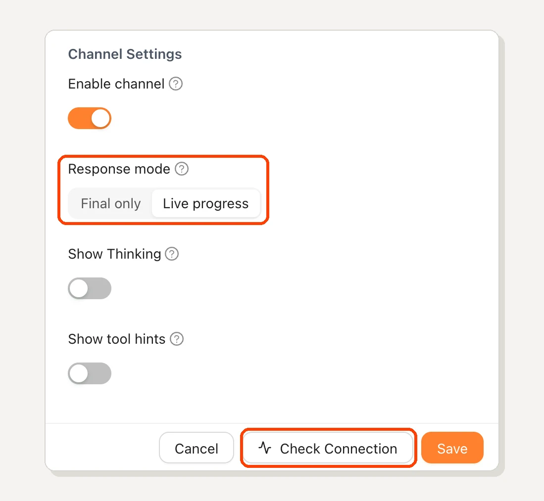 Channel Settings, with Response mode and the Check Connection button highlighted