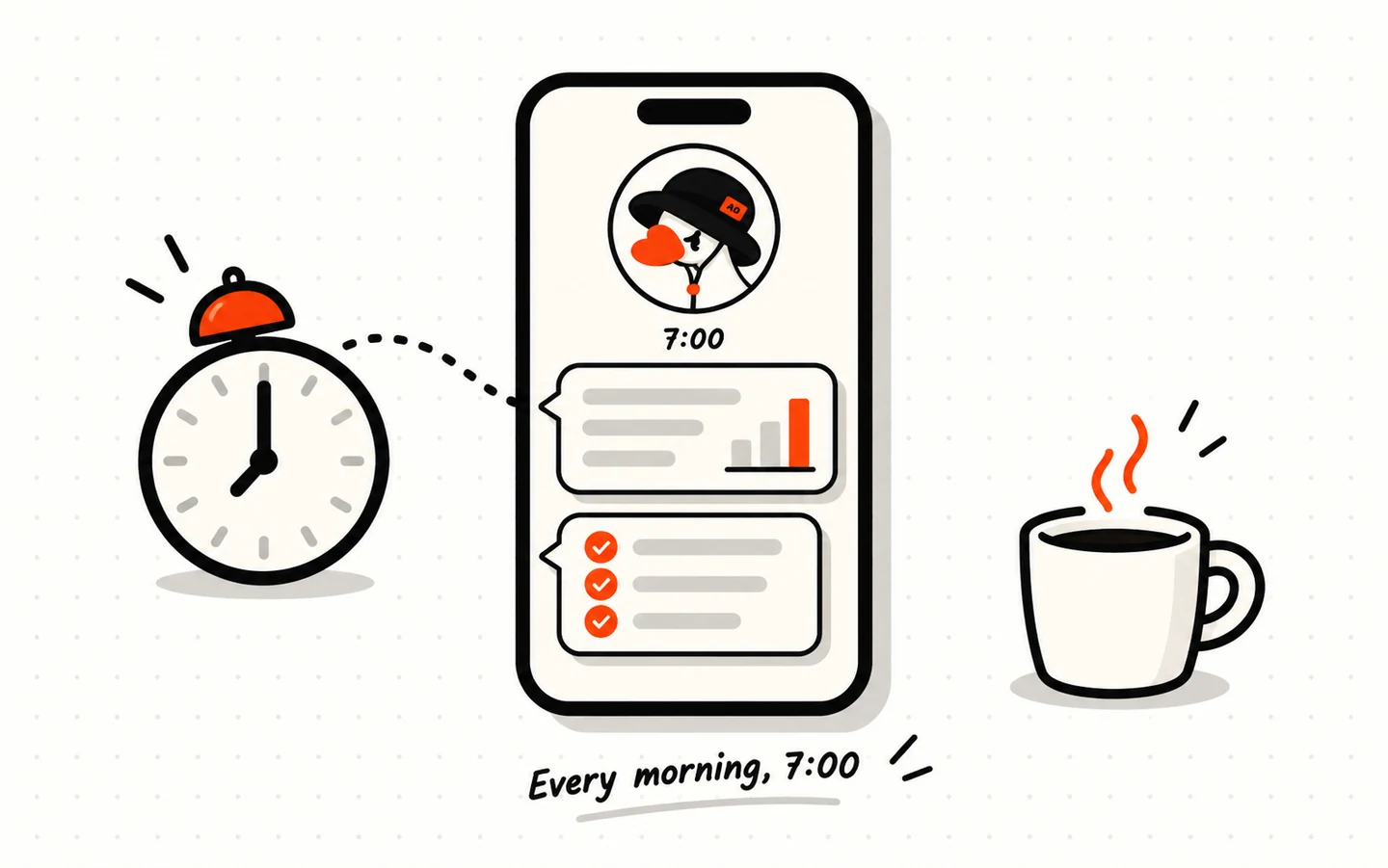 A phone showing a message from the agent at 7:00, with a small chart and a checklist, next to an alarm clock and a cup of coffee