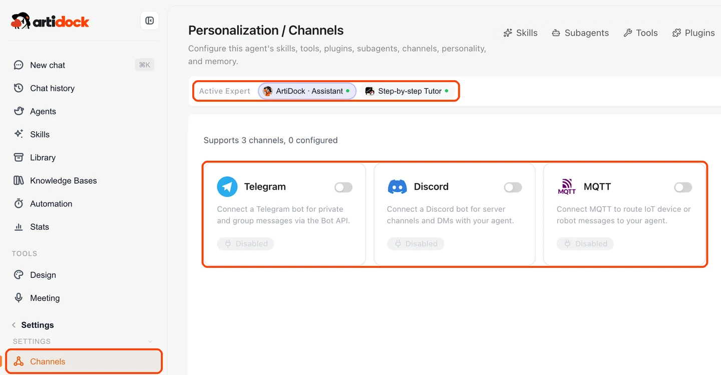 The Channels page, with the Channels item in the sidebar, the Active Expert switcher and the Telegram, Discord and MQTT cards highlighted