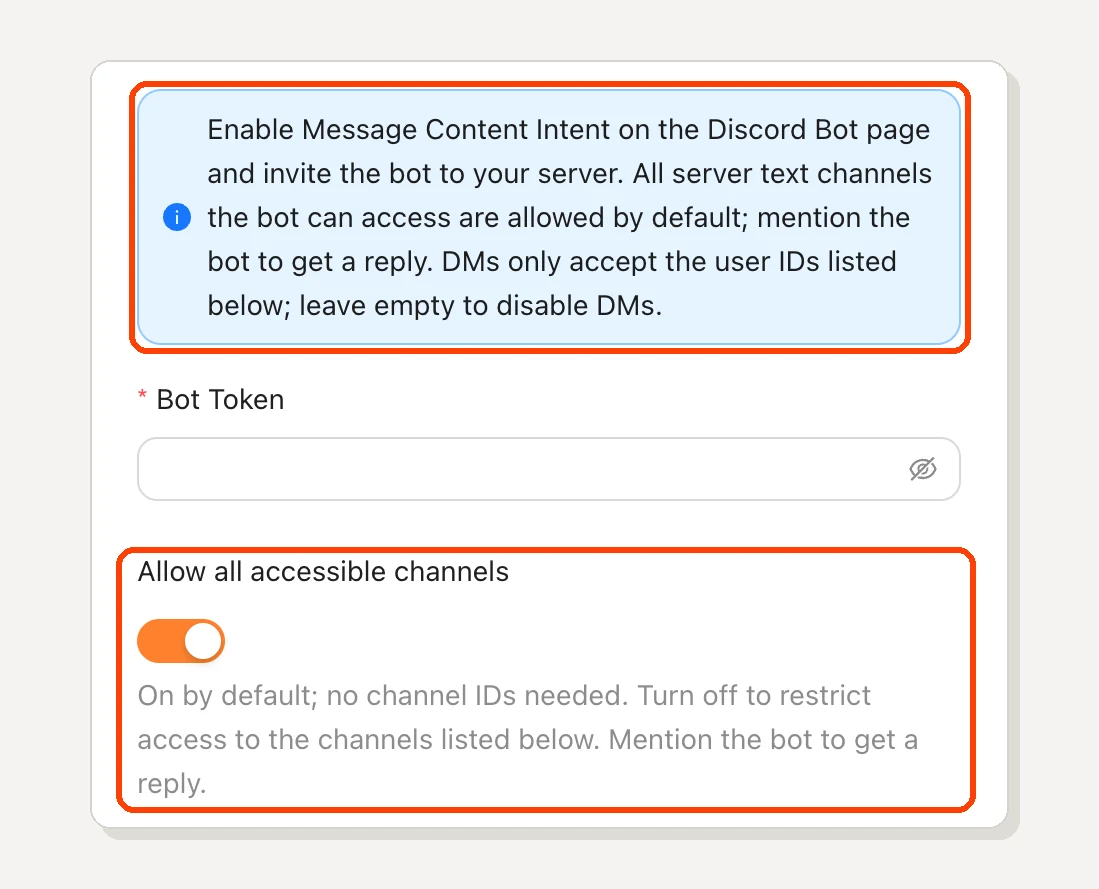 The Discord setup panel, with the setup notes and the Allow all accessible channels switch highlighted