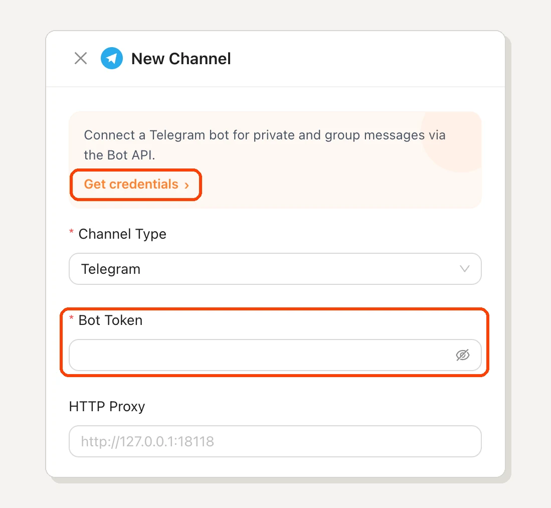 The New Channel panel for Telegram, with Get credentials and the Bot Token field highlighted