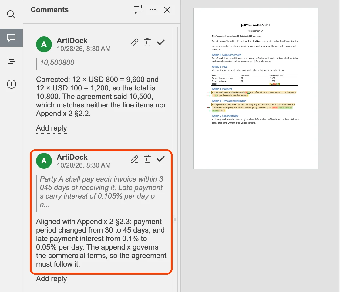 ArtiDock's comments in the Comments panel, one explaining that the payment term was changed from 30 to 45 days to match Appendix 2