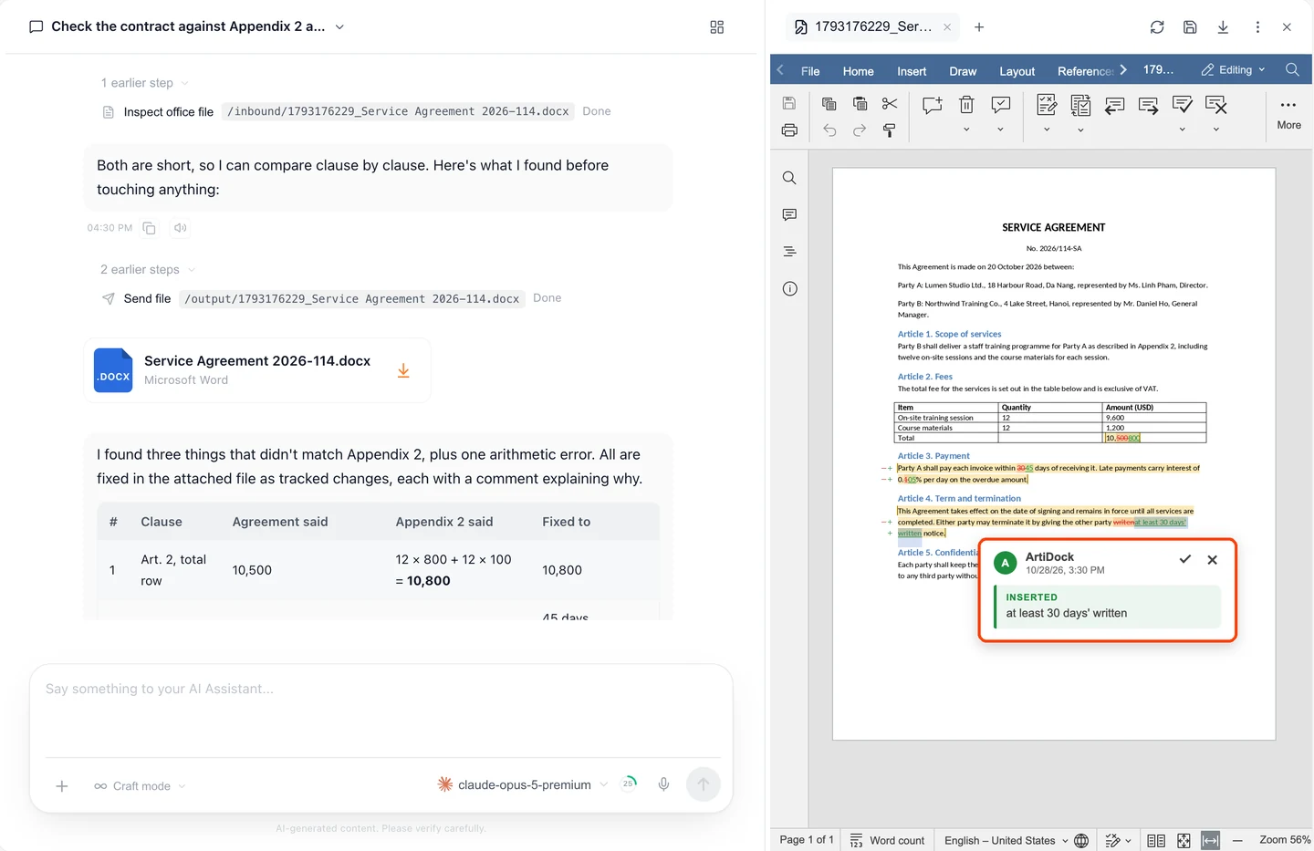 The chat on the left, where ArtiDock lists what didn't match, and the contract open on the right with tracked changes and the card for one change, with a tick to accept and a cross to reject