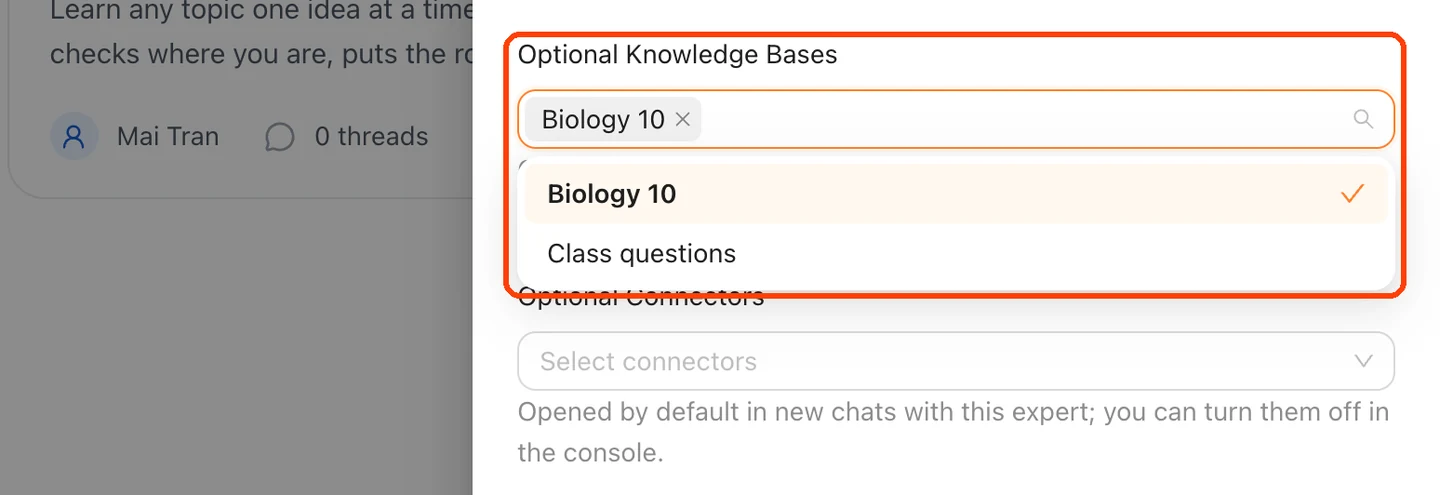 The agent's Customize panel, with Biology 10 chosen under Optional Knowledge Bases