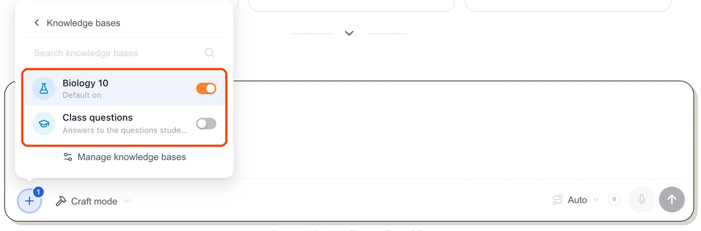 The Knowledge bases list in the + menu, with Biology 10 switched on and Class questions switched off