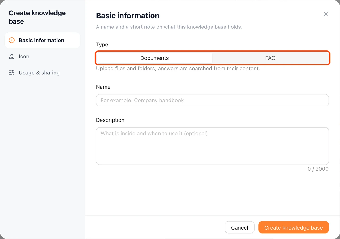 The Create knowledge base dialog, with the choice between Documents and FAQ highlighted