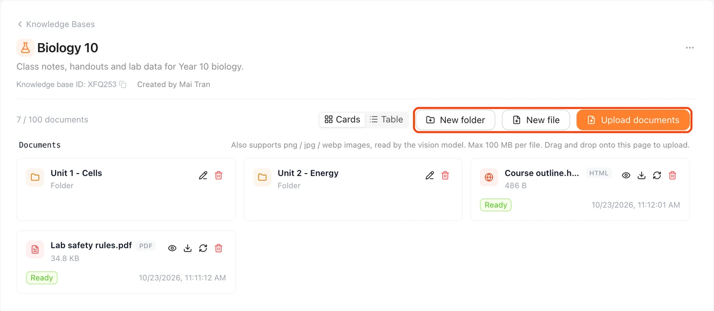 A knowledge base with two folders, a web page and a PDF, all marked Ready, and the New folder, New file and Upload documents buttons highlighted