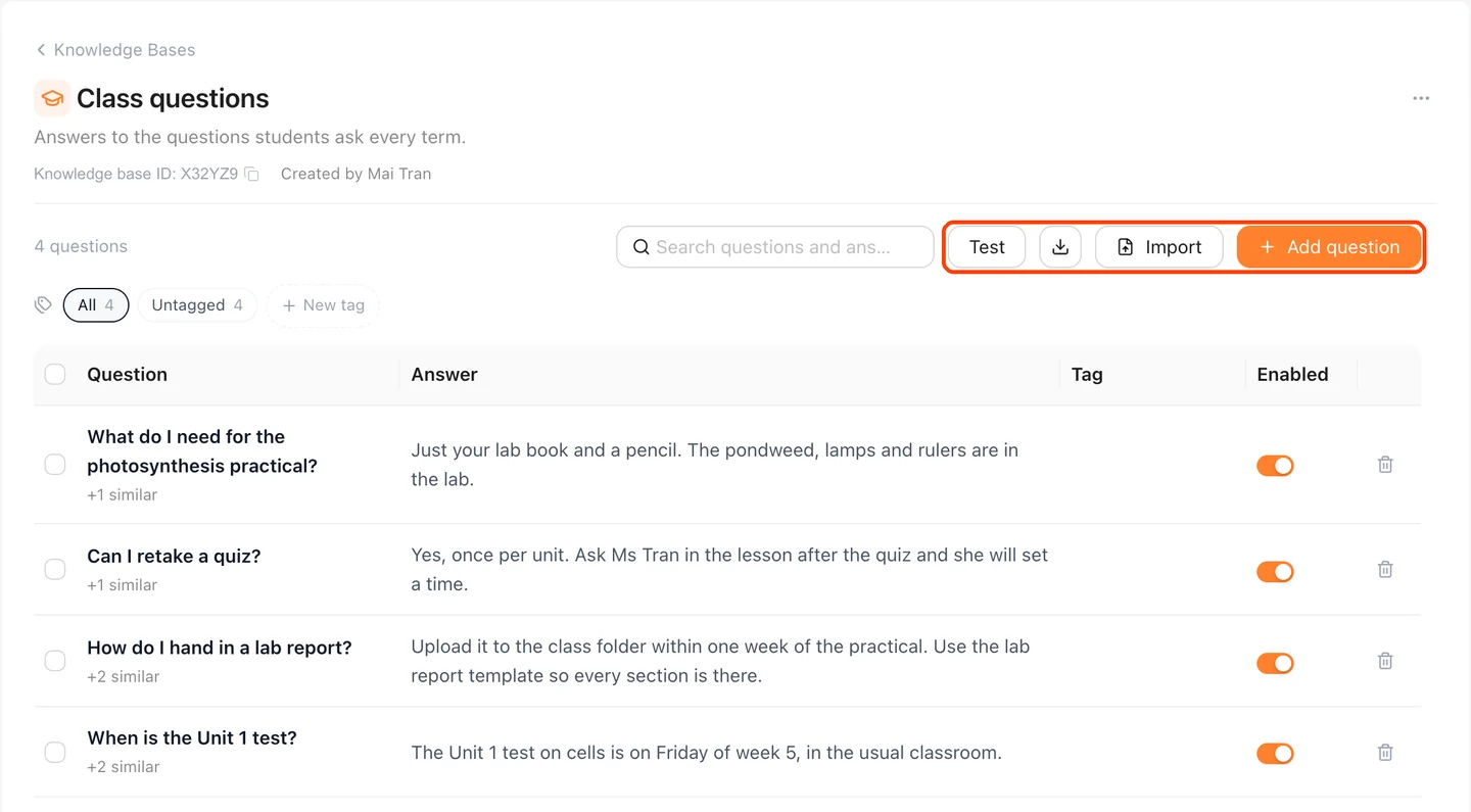 An FAQ base with four questions and their answers, and the Test, Import and Add question buttons highlighted