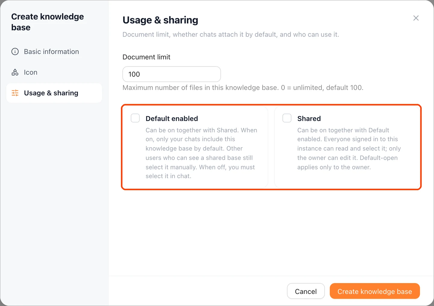The Usage & sharing tab with the Default enabled and Shared options highlighted