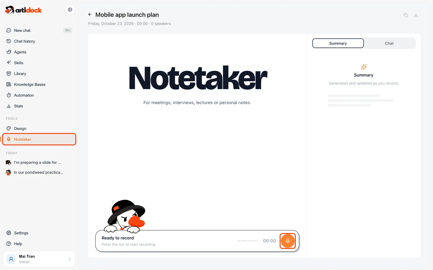 A new note named Mobile app launch plan, ready to record, with Notetaker highlighted in the sidebar and the mic button at the bottom