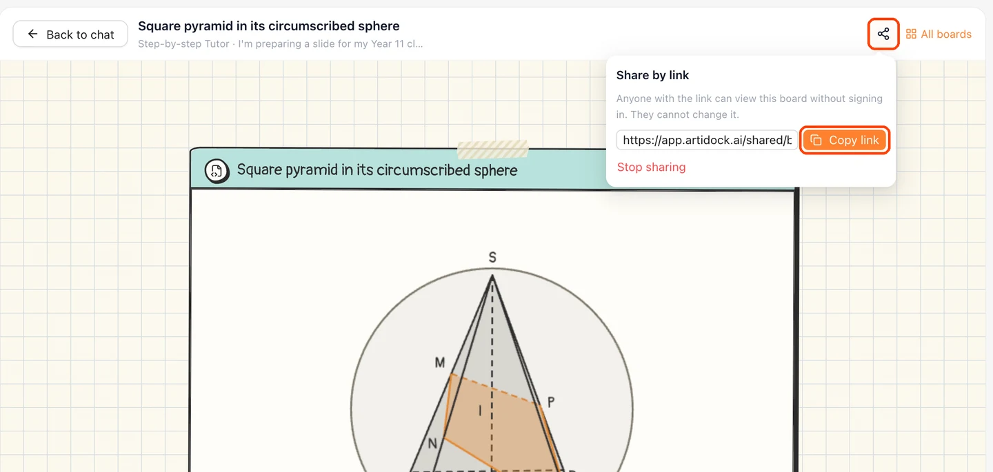 The Share by link popover, with the Share board button and Copy link highlighted